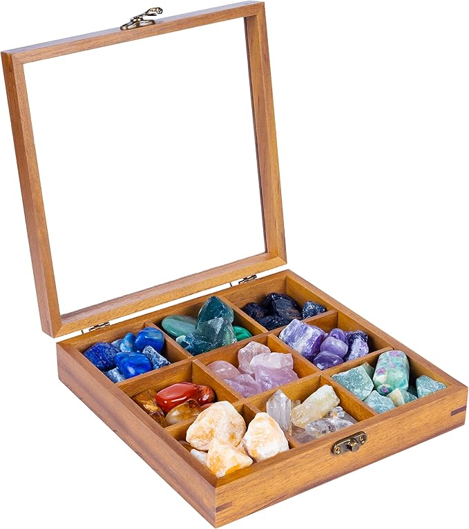 Curawood Rock Display Case - 8" x 8" Rock Collection Box for Kids & Adults - Crystal Holder for Stones Display Shelf with 9 Compartments & Acrylic Lid - Gemstone & Crystal Storage Box Organizer