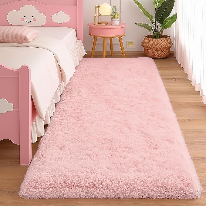 Amdrebio Pink Runner Rug 2x6 for Girls Bedroom, Fluffy Shaggy Bedside Floor Area Rugs for Kids Room Decor, Cute Shag Fuzzy Thick Carpet for Teens Toddler Baby Nursery Preppy Dorm Classroom Playroom