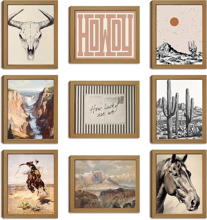 Western Desert Cowboy Posters Wall Art Set of 9, Boho Western Ranch Canvas Wall Decor Prints, Farmhouse Collage Aesthetic Pictures for Bedroom Bathroom Gallery Office Home Decoration 8x10in Unframed