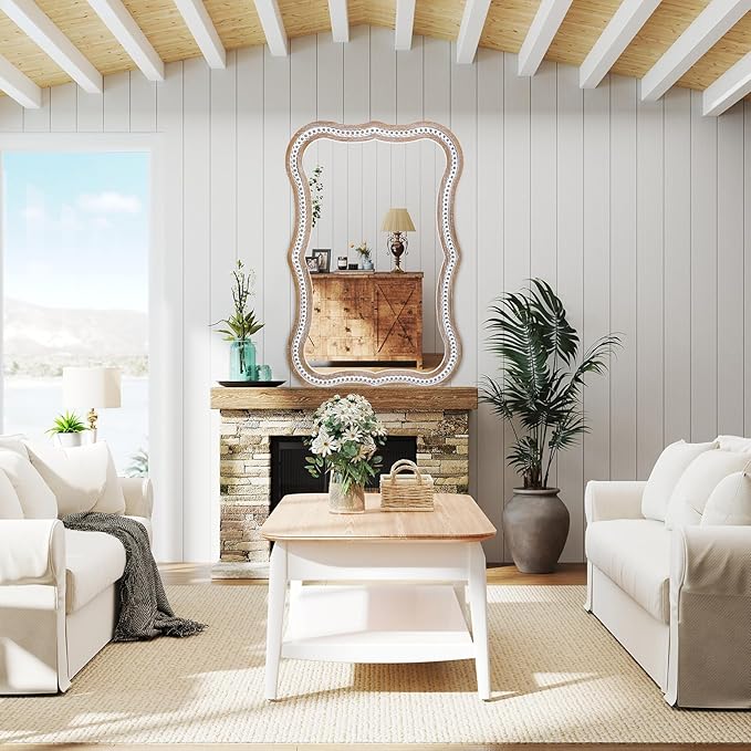35x24 Inch Wooden Mirror for Wall, Farmhouse Rustic Wavy Frame Mirror Decorative for Bathroom Over Sink, Entryway, Living Room, Bedroom (Vertical/Horizontal)