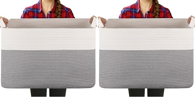 Extra Large Laundry Basket, 95L Blanket Basket for Living Room, Cotton Rope Toy Storage for Kids, Woven Baskets for Clothes, Towels, Pillows, 24" x 17" x 14", Grey and White (Pack of 2)