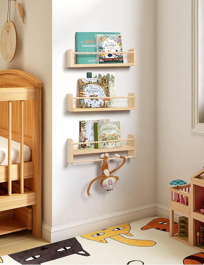 Maxpeuvon Nursery Floating Shelves for Wall, Set of 3 Book Shelves Natural Wood Wall Mounted Organizer with Towel Bar Hanging Bookshelves Nursery Decor for Kids Room, Bedroom and Kitchen