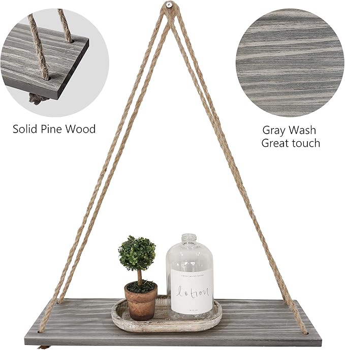 17 x 5 inch Wall Hanging Floating Shelves, Distressed Wood Farmhouse Organizer, Rustic Home Décor for Living Room Bathroom Bedroom Kitchen Apartment, Set of 2, Gray Wash