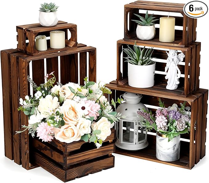 CroBlissful 6 Pcs Decorative Wood Crates for Storage Display Rustic Nesting Crates with Handle Farmhouse Wooden Storage Container Boxes for Wedding Baby Shower Birthday Party(Vintage Brown)