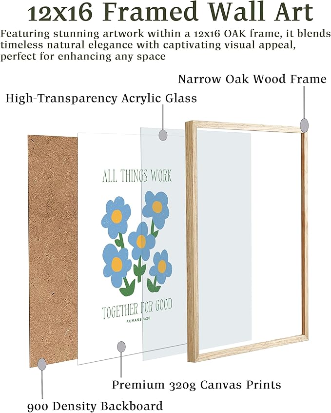 EcoHest OAK Wood God Framed Wall Art, 12x16in Romans 8:28 All Things Work Bible Verse Christian Wall Art, Modern Blue Flower Bedroom Decor For Living Room Bathroom Christian Merch Gift 1Pack