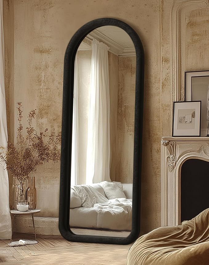 Delma Arched Full Length Mirror, Free Standing Floor Velvet Finish Frame Mirror for Leaning or Hanging, Soft Touch Bedroom & Living Room Decor, Black