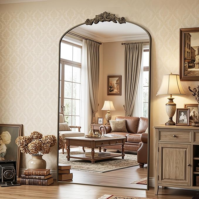 Vintage Full Length Mirror,72"x44" Arched Antique Floor Mirror with Carved Metal Frame,Large Standing Wall Mounted or Leaning Mirror for Bedroom Living Room Entryway,Bronze