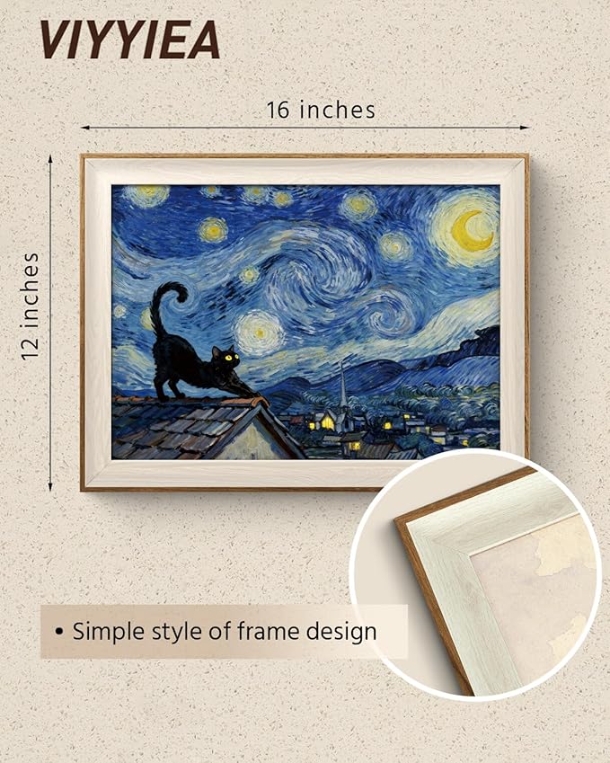 VIYYIEA Vintage Framed Wall Art for Living Room, Stargazing Black Cat Canvas Prints, Oil Painting Home Decor, Van Gogh Picture, Bathroom Wall Decor Gifts for Friends or Family - 16L x 12W