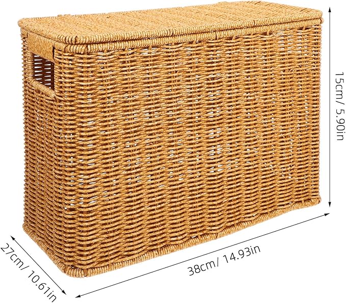 Woven Storage Basket with Lid and Handle 14.96X10.62X5.90In Portable Sundries Organizer for Toys Magazines Kitchen Storage and Home D Cor