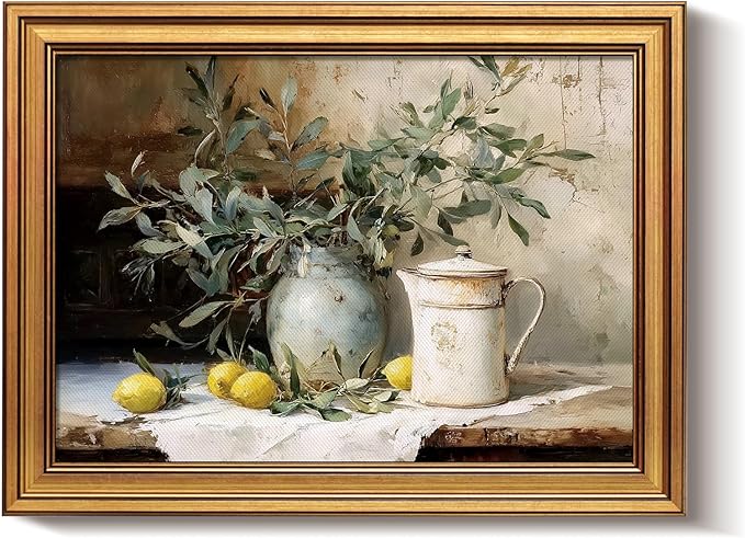 Bzstyleart Vintage Wall Art Decor for Living Room, Gold Framed Canvas Wall Art Home Decor Aesthetic, Lemon Pottery Jar Artwork Prints, Canvas Picture Print Artwork, 12 x 16 Inch