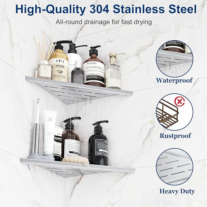 Qeke Corner Shower Shelves, 10” Recessed Tile Shower Shelf, 304 Stainless Steel Grout in Corner Tile Shower Shelves, No Drilling, Matte Black, 2 Pack