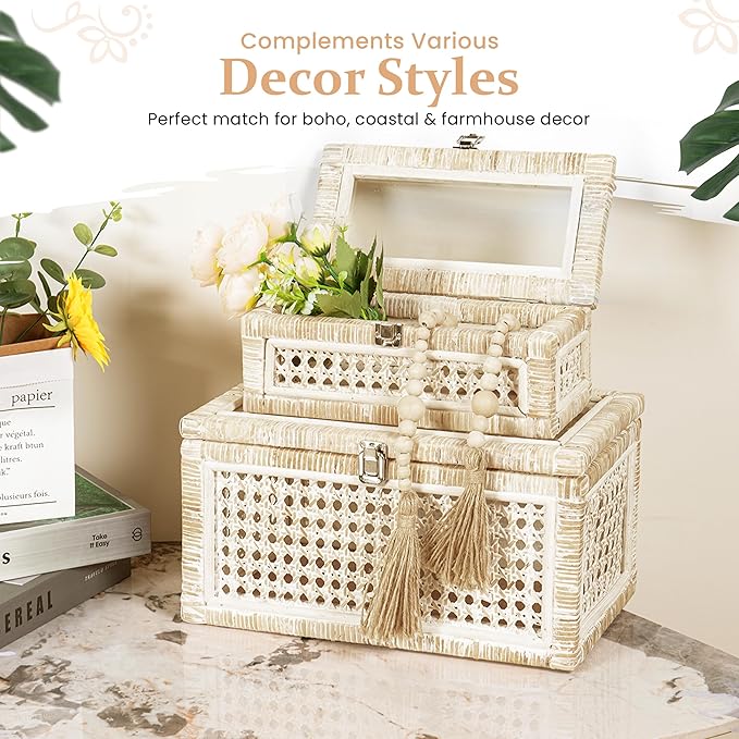 Large Set of 2 Handwoven Rattan Decorative Boxes with Glass Lids - Stackable Wicker Storage Boxes for Home Decor - Coffee Table Box Organizers - Woven Box with Lid for Shelves