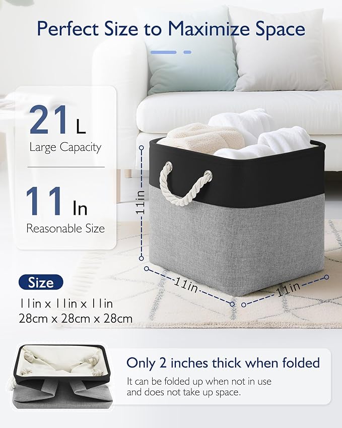 Patvingot 11 Inch Cube Storage Bins, 6 Pack Fabric Storage Cubes with Rope Handles, Organizer Baskets for Closet Shelves, Clothes and Home Organization(Dark/Gray)