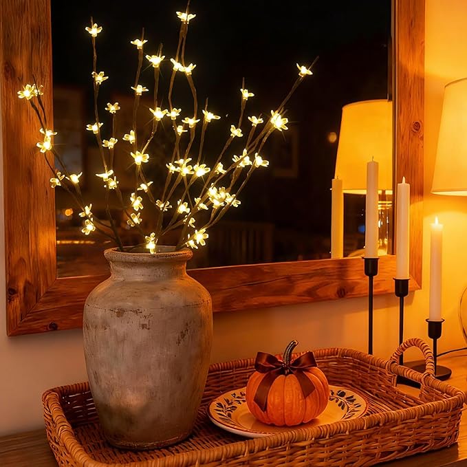 AMARS 3 Pack Electric LED Lighted Tree Branches Holiday Lights with Cherry Blossoms Flowers, USB Plug in, 60 LEDs Room Decor Night Lights, Decorative Sticks for Vase Bedroom Home Party