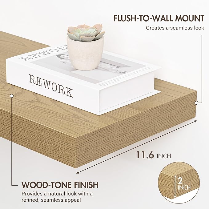 Acovy 36 Inch Floating Shelves, 12" Deep Floating Shelf Wall Mounted, 36" Wall Shelves, Rustic Deep Bookshelf, Extra Deeper & Thicker Display Shelves for Bedroom, Living Room, Oak, Set of 2