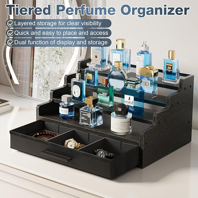 4 Tier Cologne Organizer for Men, Black Wooden Perfume Organizer with Drawer Storage, Perfume Display Shelf for Cologne, Watch, Grooming and Figures, Perfect Birthday/Easter Gift for Lovers & Fathers