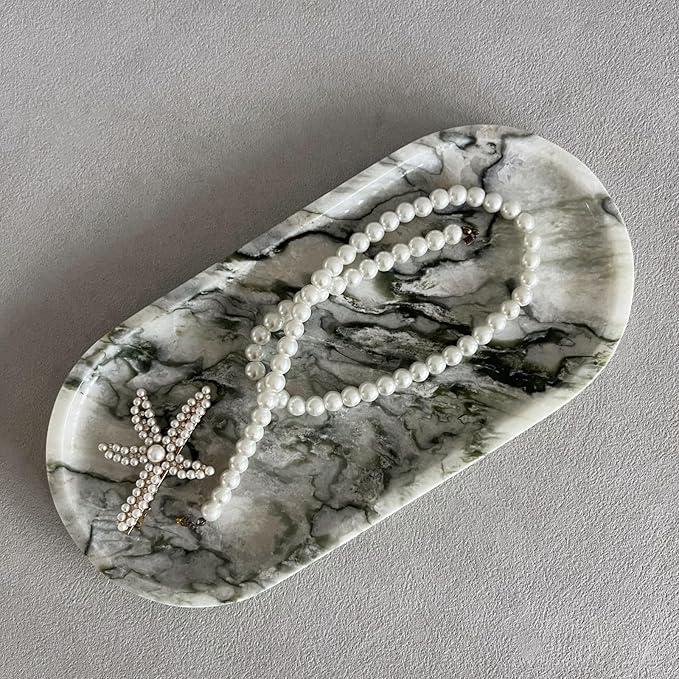 Natural Marble Oval Tray Ornaments Vintage Small Tray Storage Dish for Counter, Vanity, Dresser, Nightstand and Desk (Green Emerald)