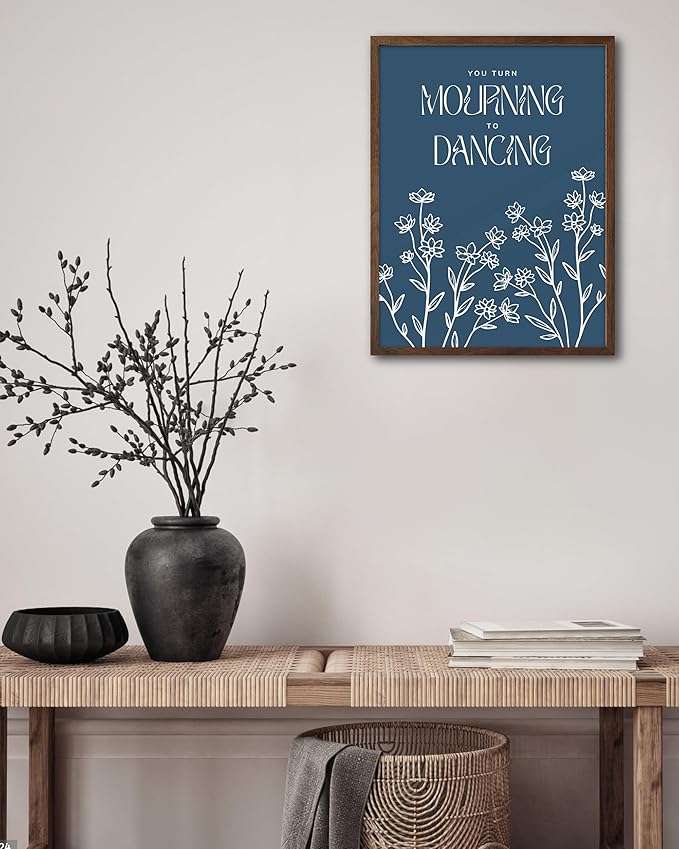 EcoHest Walnut Color OAK Wood Framed Wall Art, 12x16in Psalm 30:11 Mourning To Dancing Bible Verse Christian Wall Art, Modern Blue Bedroom Decor For Living Room Bathroom Christian Merch Gift 1Pack