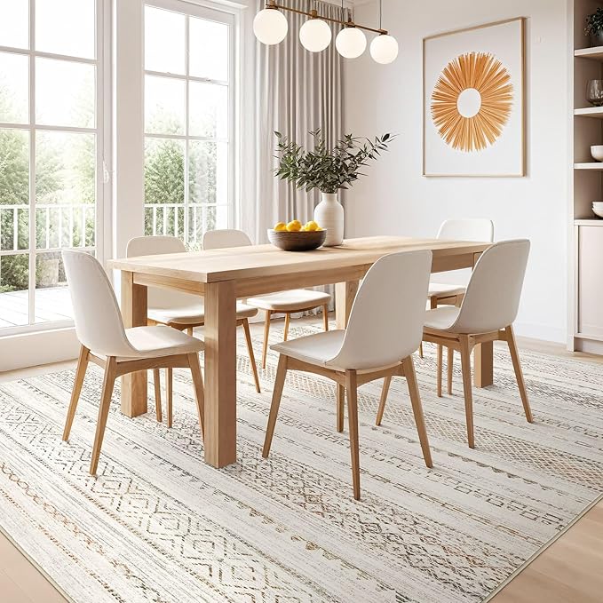 Nakagishi Area Rug Living Room Rugs: 7X9 Machine Washable Boho Large Neutral Farmhouse Stain Resistant Moroccan Indoor Floor Carpet for Bedroom Nursery Dorm Dining Room Home-Multi Color