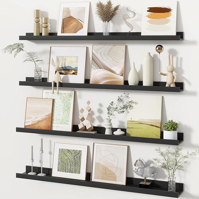Fun Memories Picture Ledge Shelves Set of 4, 36 Inch Rustic Wall Mounted Floating Shelves with Lip for Home Storage and Décor in Bathroom, Kitchen, Nursery, Bedroom, Living Room, Black