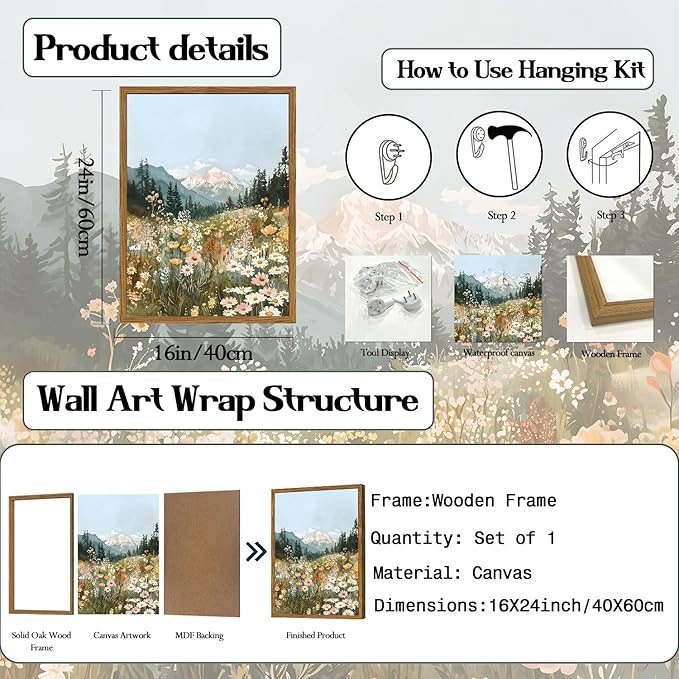 Framed Boho Landscape Wall Art, Colorful Floral Mountain Pictures Wall Decor, Vintage Wildflower Nature Paintings Canvas Prints Rustic Home Decor for Living Room Bedroom Office 16x24 inch