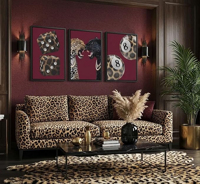 3Pcs Trendy Leopard Canvas Wall Art Funky Lucky 8 Ball Posters Prints Paintings Eclectic Cheetah Preppy Aesthetic Pictures Wall Decor for Bedroom Dorm Living Bathroom Unframed