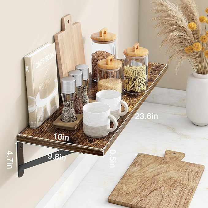Fixwal Floating Shelves for Wall, 24 Inch Wide x 10 Inch Deep Brown Shelves for Bedroom, Large Wall Shelf for Living Room, Kitchen, Bathroom, Laundry Room and Decor Storage (Set of 2)