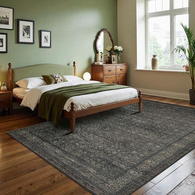 Rugxara 6x9 Washable Area Rug for Living Room, Vintage Large Boho Rugs for Office, Dining Room, Kids Room, Farmhouse, Durable Low Pile Non Slip Carpet for High Traffic Areas, Moss Brown