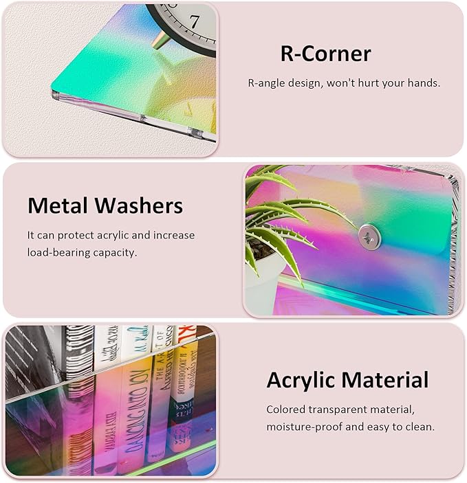 Sezanrpt 6 Inches Iridescent Small Wall Shelves, Acrylic Floating Shelf for Small Space, Acrylic Display Ledges for Funko Pop Figures, Home Décor, Plants, Smart Speaker, Digital Clock, 4 Pack