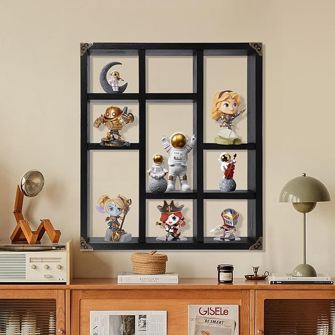 17.7x15.7-Inch Shadow Box Shelf 9-Slot Rustic Floating Shelves Larger Wall Mounted Shelf Lightweight Solid Wood Display Freestanding Farmhouse Shelf (Set of 2,9C-Classic Black)