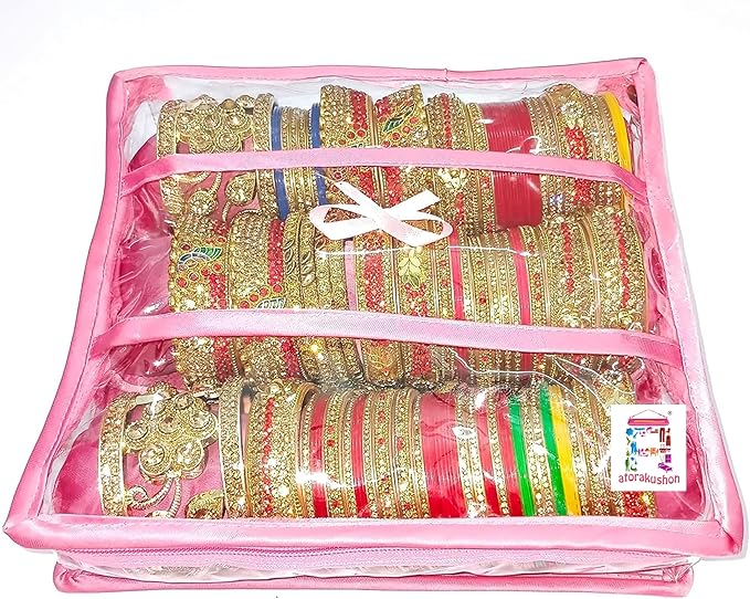 atorakushon Satin 3 Rods Jewellery Bangle Storage Box Chudi Set Organizer Zipper Makeup Pouch Travelling Bag for Women (Pink | Pack of 1)