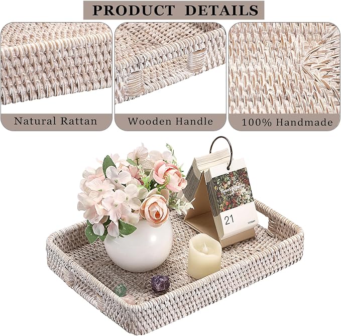 Hipiwe Rattan Serving Tray with Handles Handwoven Basket Tray for Storage Breakfast Dessert Fruit Decorative Tray for Coffee Table, Whitewash