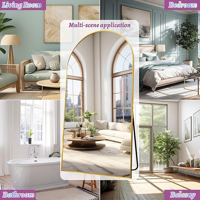 Full Length Mirror, 78"x38" Arched Floor Mirror Freestanding, Floor Standing Full Body Mirror with Stand for Bedroom, Hanging Mounted for Living Room Cloakroom, Gold