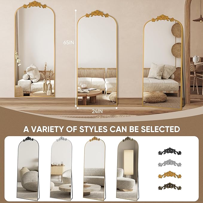 Antok Arched Full Length Mirror, 65"x24" Floor Mirror with Carved, Full Body Mirrors for HomeDecor, Standing/Halling Large Wall Mirror for Bedroom, Living Room, Cloakroom, Gold, Retro Style