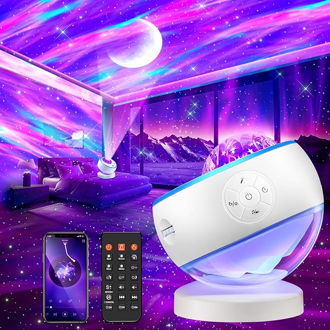 Northern Lights Projector Galaxy Projector with 300+ Light Effects Sound Machine, LED Star Projector Aurora Light, Remote Control, 15 White Noises Bluetooth Speaker Birthday Gifts for Kids Room Decor