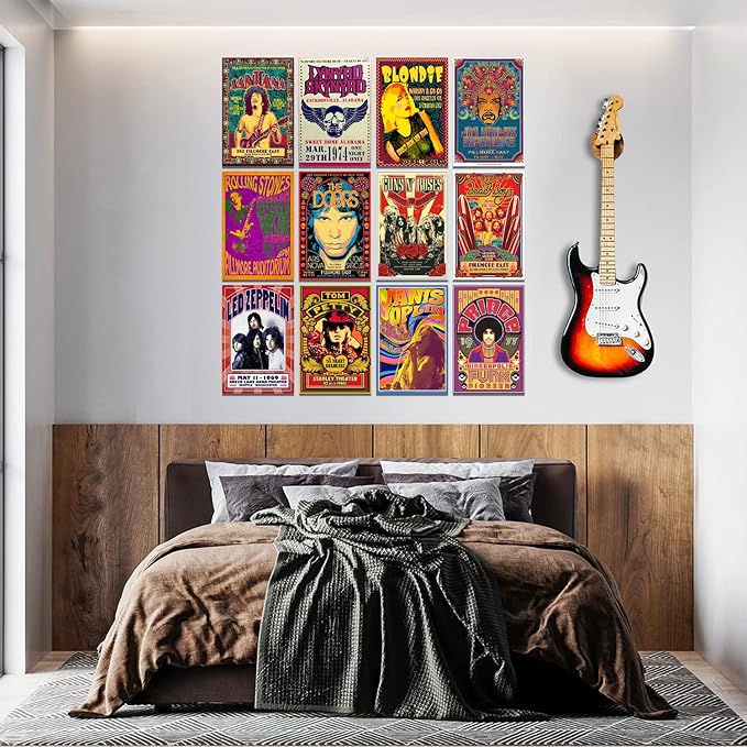 Woonkit Vintage Rock Band Posters for Room Aesthetic, 70s 80s 90s Retro Music Bedroom Decor Wall Art, Concert Poster Wall Collage, Old Music Album Cover Prints (12 SET A, 7.8X11.8 INCH)