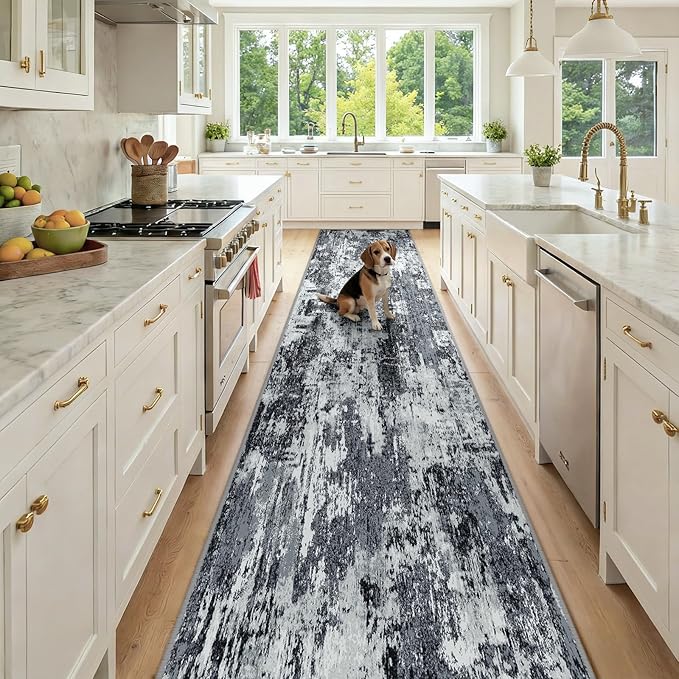 RELEANY Washable Area Rugs 2'6"x12 Non-Slip Modern Abstract Soft for Living Room Entryway Bedroom Nursery, Print Pattern, Black Navy Blue Gray