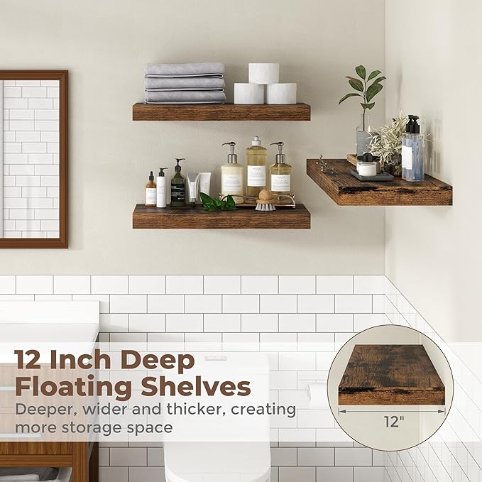 Fun Memories 55 Inch Fireplace Mantel Shelf, 12 Inch Deep Shelves for Display & Wall Storage, Rustic Wood Wall Shelf, Extra Long Floating Shelves for Bathroom Bedroom Living Room, Rustic Brown, 1 Pack