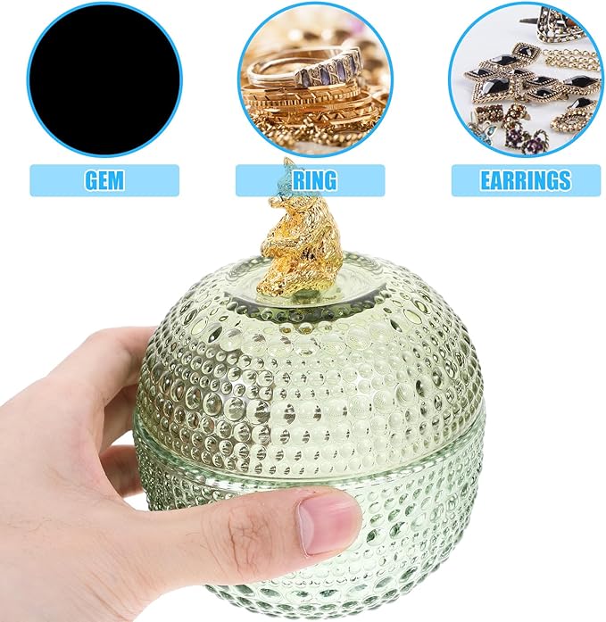 DOITOOL Large Green Glass Jewelry Storage Jar with Lid Glass Container for Earrings Necklaces Rings and Makeup Puff Organizer for Home Storage