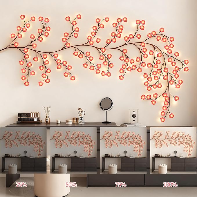 FNHMSL Cherry Enchanted Willow Vine Lights, 4FT 48LED 1PCS Pink Cherry Blossom Tree Branch Lights for Wall, Remote Timer,8 Light Model,Bedroom Wall Doors Wedding, Christmas, USB Battery Box