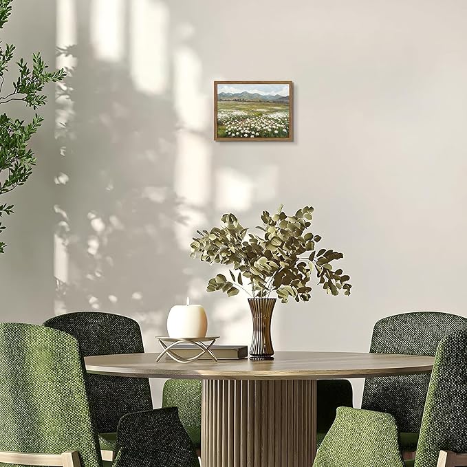 Framed Farmhouse Landscape Wall Art, Modern Country Flower Wall Decor, Vintage Wildflowers Mountain Canvas, Farm House Nature Pictures Print Artwork for Bedroom Living Room – 8x10 inch