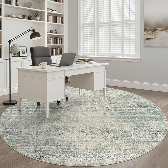 8ft Round Rug Living Room: 8x8 Washable Large Neutral Green Circle Area Rug Abstract Soft Modern Stain Resistant Indoor Floor Non-Slip Carpet for Bedroom Nursery Kids Office Playroom Dining Room