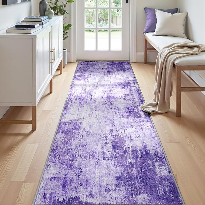 RELEANY Washable Area Rugs 2'x8' Non-Slip Modern Abstract Soft for Living Room Entryway Bedroom Nursery, Print Pattern, Purple Gray Pink White