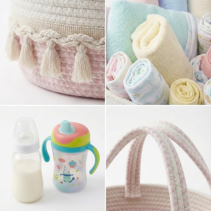 Diaper Caddy Organizer, Stylish Nursery Storage Basket, Baby Shower Basket with Tassel Decorative Appearance, Portable Storage Basket Suitable for Family and Car Travel (pinkish white)