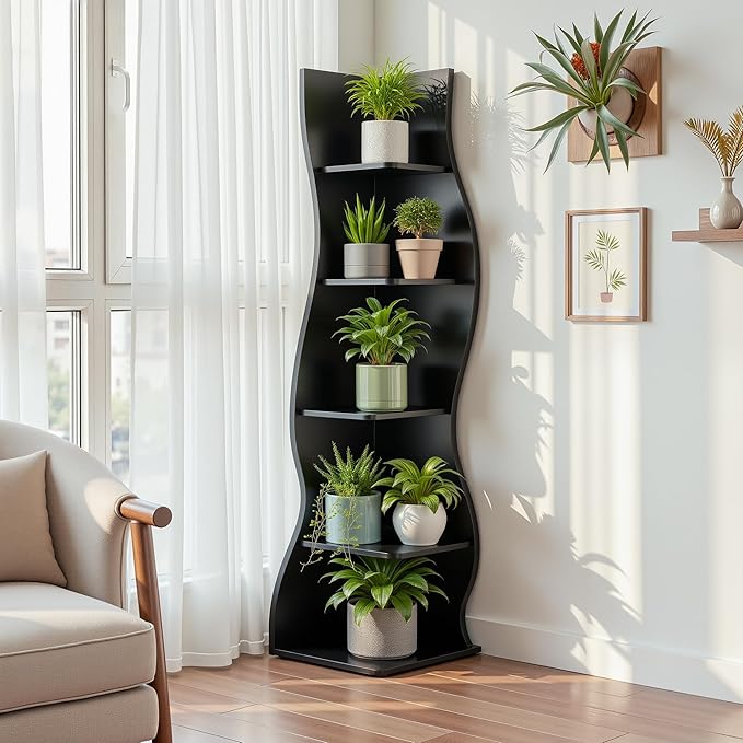 VECELO Wavy Corner Shelf, Decorative 6-Tier Corner Display Bookshelf, Tall Storage Organizer for Small Spaces, Living Room or Bedroom, Black
