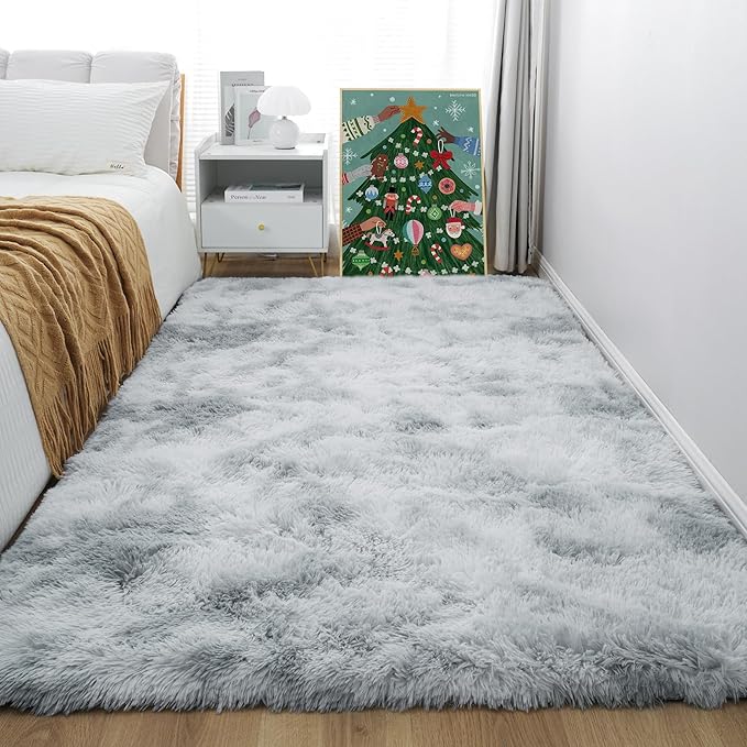 KICHOWUA 4x6 Light Grey Fluffy Shag Area Rug for Bedroom, Ultra Soft Fuzzy Plush Washable Carpet for Living Room, Modern Cozy Non Skid Furry Shaggy Rug for Kids Baby Boys Nursery Dorm,Tie-Dye Gray