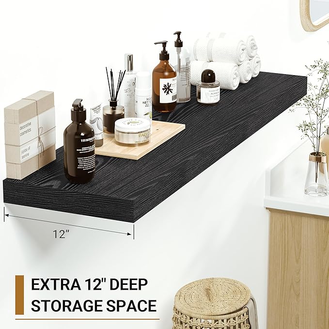 Vivelove Black Floating Shelves 47.2 Inches Wide, 12" Deep Wall Shelves for Bedroom, Bathroom, Living Room, Kitchen, Office, Rustic Home Decor Shelf with Invisible Brackets, 47.2X12X1.5, Set of 2