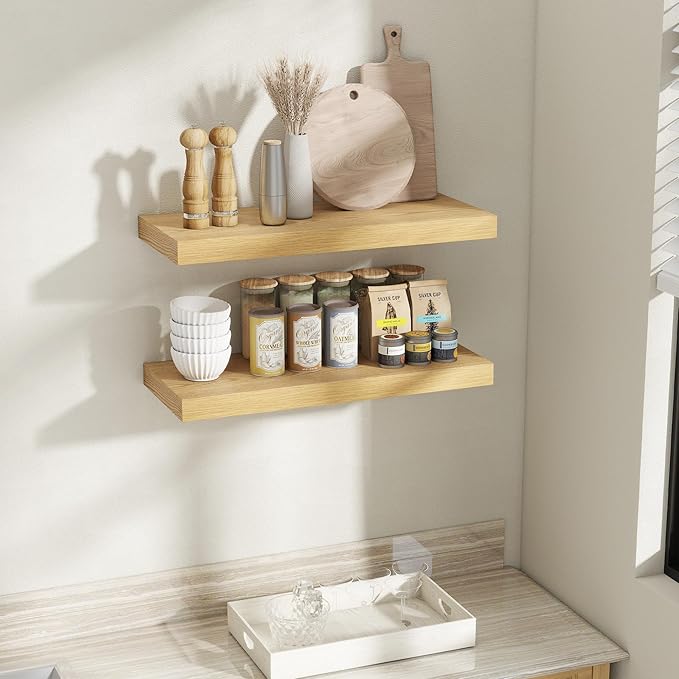 Fun Memories 30 Inch Oak Floating Shelves for Wall, 12 Inch Deep Shelves for Bathroom|Kitchen|Bedroom, Wall Mounted Rustic Wood Floating Shelf with Invisible Brackets for Books|Storage|Decor, 2 Pack