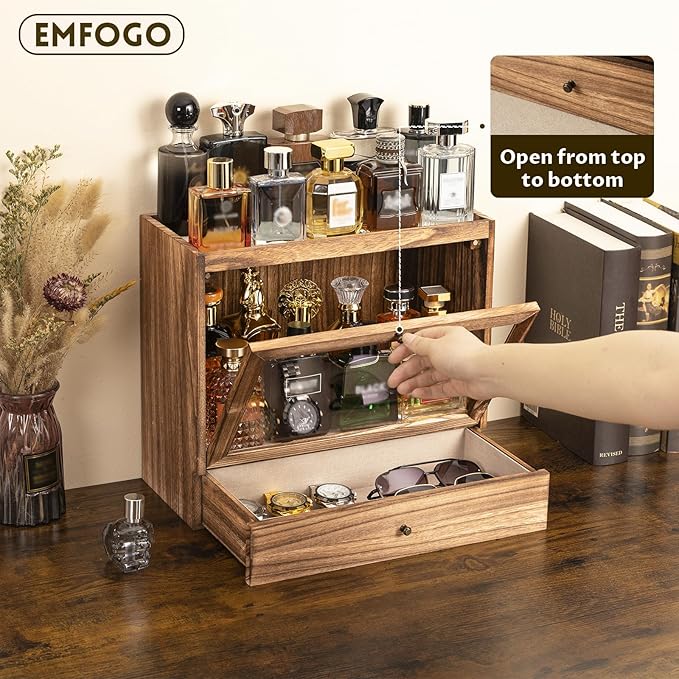 Emfogo Cologne Organizer for Men, Solid Wood Perfumes Organizer for Men Dresser, Large Capacity Dustproof Cologne Holder with Drawer Storage Perfume Stand Organizer, Ideal Gift for Loved ones