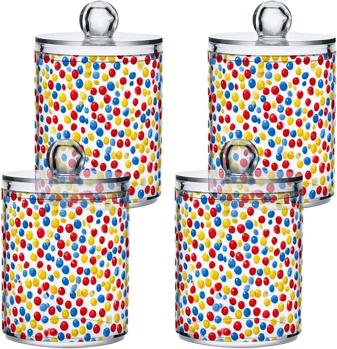 2 Pack Apothecary Jars Charming Red Blue Yellow Art Bathroom Vanity Storage Organizer Set,Small Clear Plastic Storage Jars Bathroom Canister for Cotton Swabs, Rounds, Balls, Qtips,Makeup Sponge
